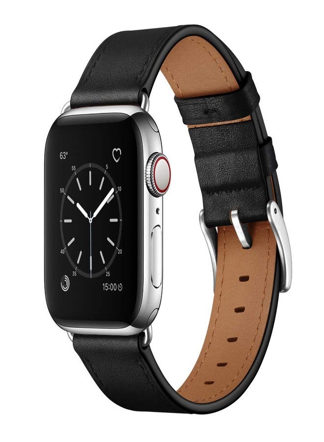 OUHENG Leather Bands Compatible with Apple Watch Band 45mm/49mm/44mm/46mm/42mm, Genuine Leather Strap Replacement for iWatch Series 11/10/9/8/7/6/5/4/3/2/1 & Ultra 3/2/1 & SE3 SE2 SE Men Black Silver - Image 2